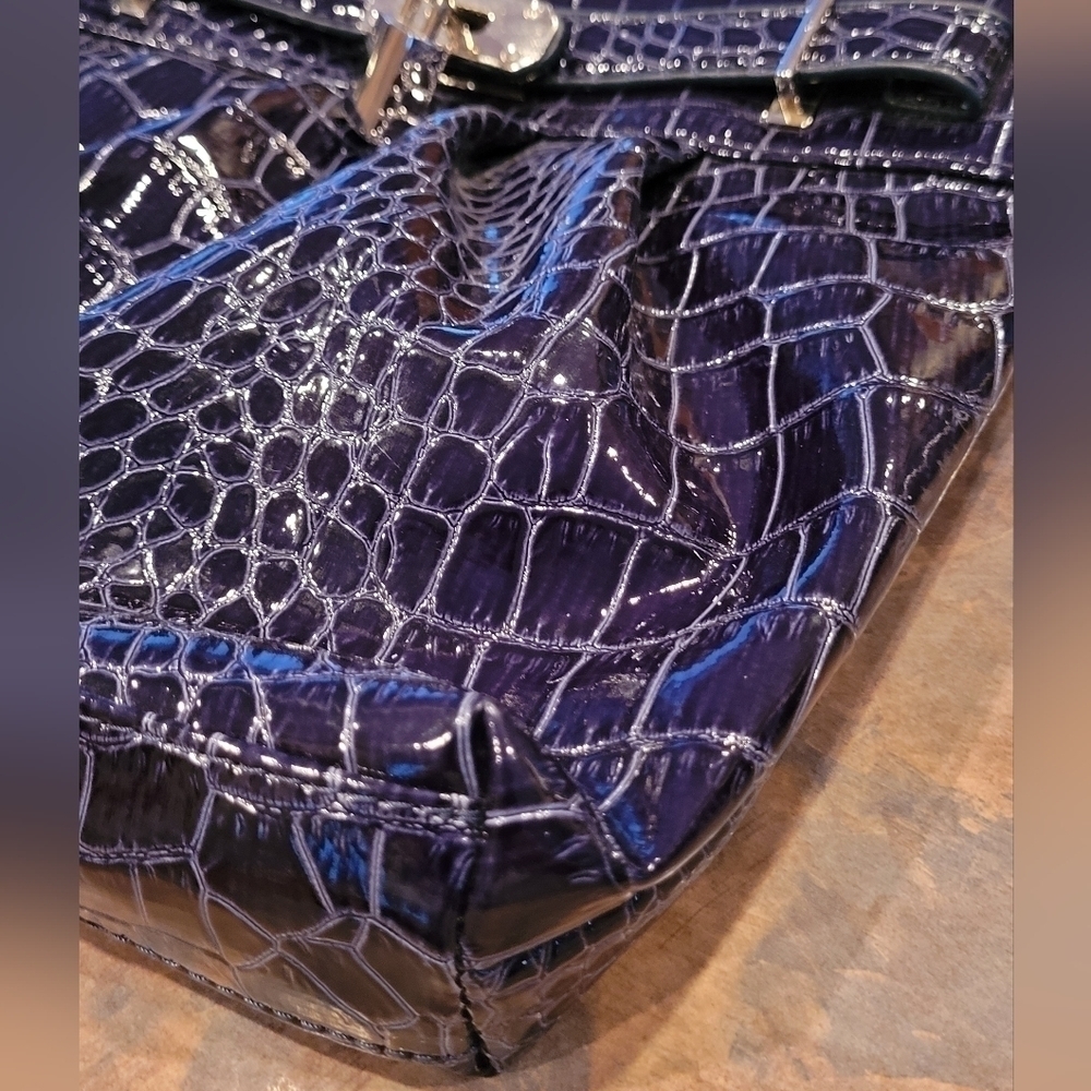 JESSICA Faux Patent Leather Bag, Dark Blue Croc Pattern, Adjustable Strap - Picture 9 of 16